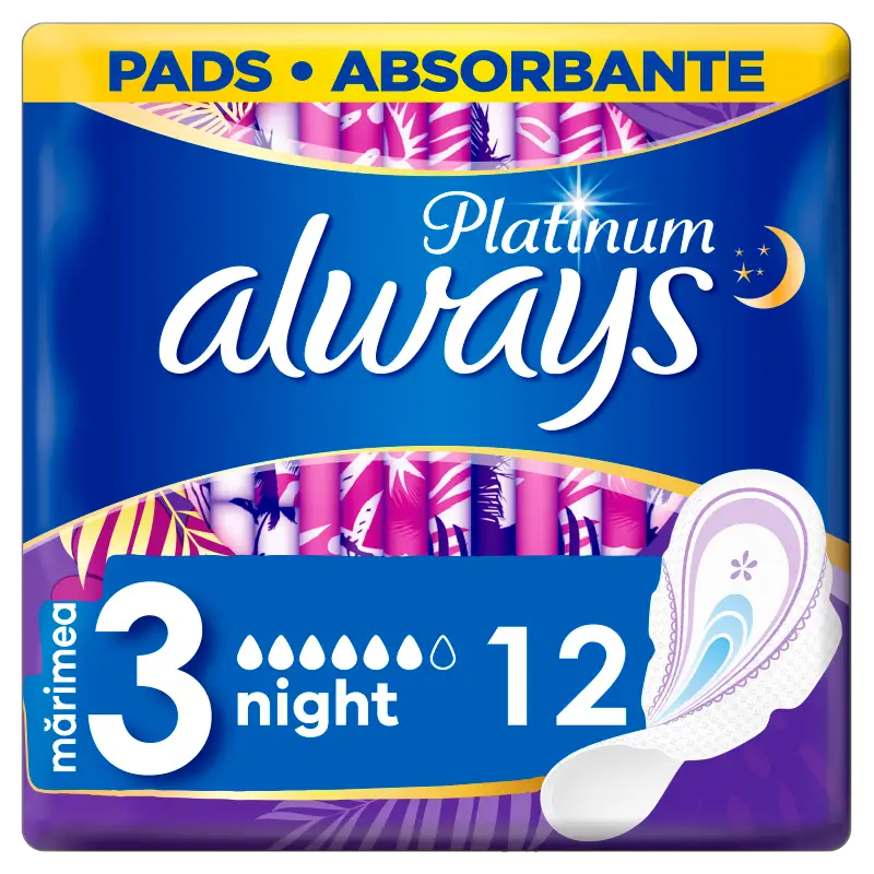 Always Platinum Night (3-as méret) Szárnyas Egészségügyi Betét, 12 db