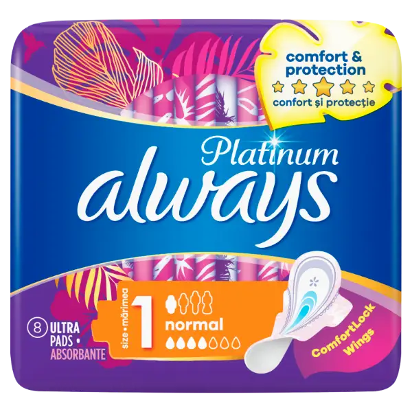 Always Platinum Normal (1-es méret) Szárnyas Egészségügyi Betét, 8 db termékhez kapcsolódó kép