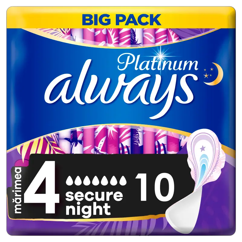 Always Platinum Secure Night (4-Es Méret) Szárnyas Egészségügyi Betét, 10 db