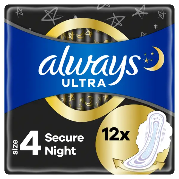 Always Ultra Secure Night (4-es Méretű) Szárnyas Betét Egészségügyi Betét, 12 Db termékhez kapcsolódó kép