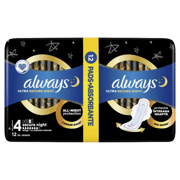 Always Ultra Secure Night (4-es Méretű) Szárnyas Betét Egészségügyi Betét, 12 Db termékhez kapcsolódó kép
