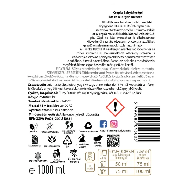 NaturCleaning Csepke Baby illat és allergén mentes mosógél 14 mosás 1 l termékhez kapcsolódó kép