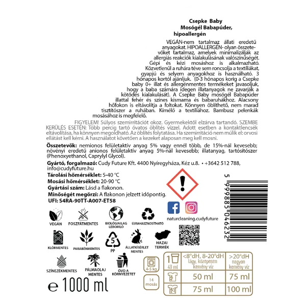 NaturCleaning Csepke Baby Babapúder hipoallergén mosógél 14 mosás 1000 ml termékhez kapcsolódó kép
