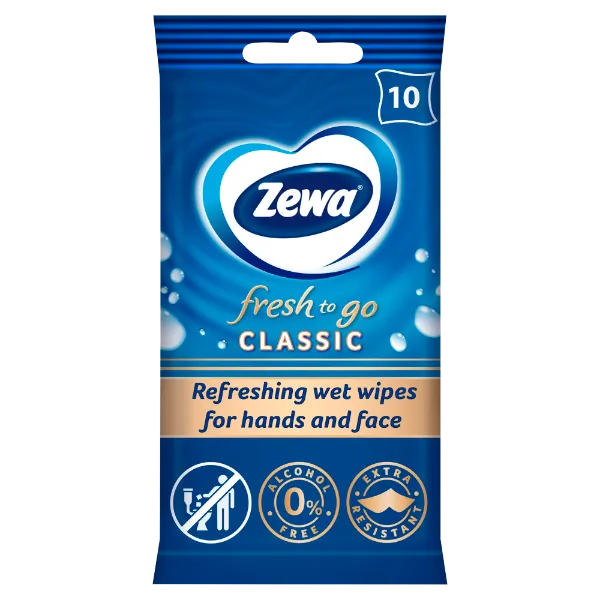 Zewa Fresh To Go Classic frissítő nedves kéz- és arctörlő kendő 10 db termékhez kapcsolódó kép