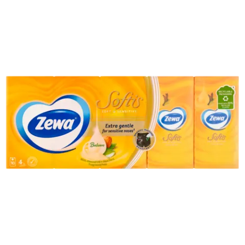 Zewa Softis Soft & Sensitive illatmentes papír zsebkendő 4 rétegű 10 x 9 db termékhez kapcsolódó kép