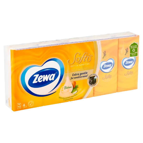 Zewa Softis Soft & Sensitive illatmentes papír zsebkendő 4 rétegű 10 x 9 db termékhez kapcsolódó kép