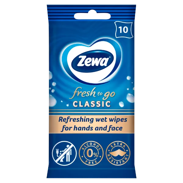Zewa Fresh To Go Classic frissítő nedves kéz- és arctörlő kendő 10 db termékhez kapcsolódó kép