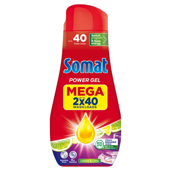 Somat All in 1 Power Gel Lemon & Lime gépi mosogatószer gél 80 mosogatás 2 x 720 ml termékhez kapcsolódó kép