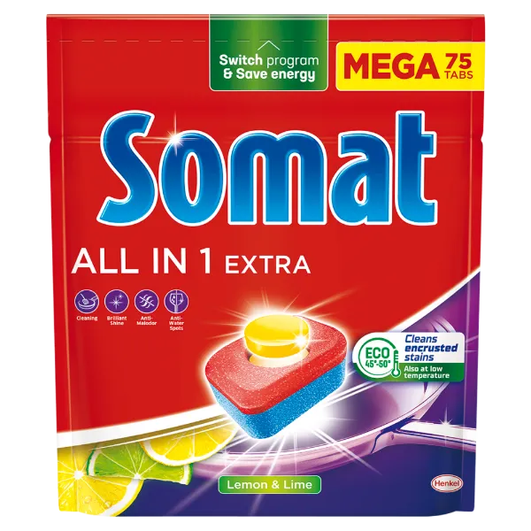 Somat All in 1 Extra Lemon & Lime gépi mosogatótabletta 75 db 1245 g termékhez kapcsolódó kép