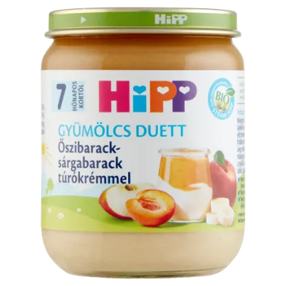 HiPP Gyümölcs Duett BIO bébidesszert 160 g őszibarack-sárgabarack túrókrémmel 7 hó+ termékhez kapcsolódó kép