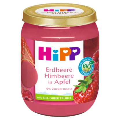 HiPP bio gyümölcskészítmény bébidesszert 160 g alma eperrel és málnával 5 hó+ termékhez kapcsolódó kép