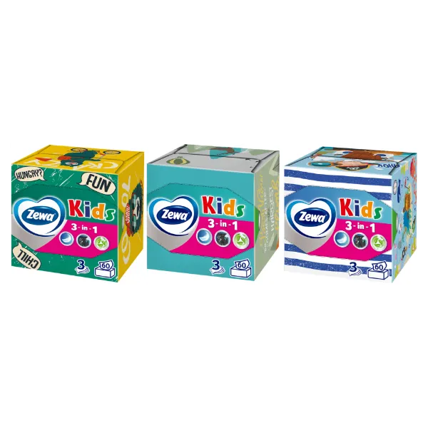 Zewa Kids dobozos illatmentes papír zsebkendő 3 rétegű 60 db termékhez kapcsolódó kép