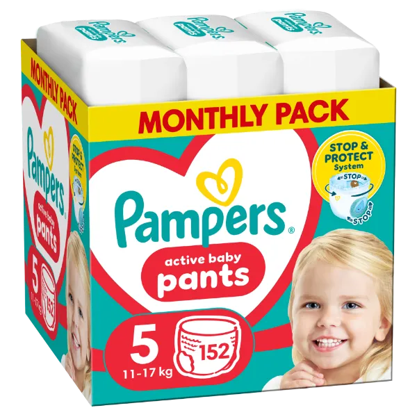 Pampers Active Baby Bugyipelenka - havi pelenkacsomag, Méret 5, 152 Bugyipelenka, 11kg-17kg termékhez kapcsolódó kép