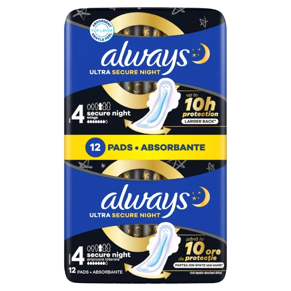 Always Ultra Secure Night Egészségügyi Betét (4-es Méret) Szárnyas Betét x 12] termékhez kapcsolódó kép