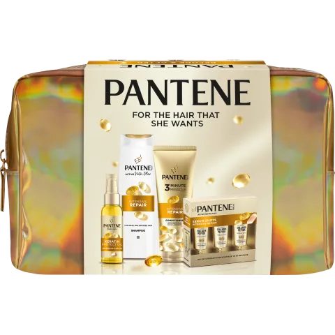 Pantene ajándékcsomag (Int. Repair 250ml sampon+3min balzsam 200ml+hajpakolás 3x15ml+Ker.olaj 100ml+táska) termékhez kapcsolódó kép