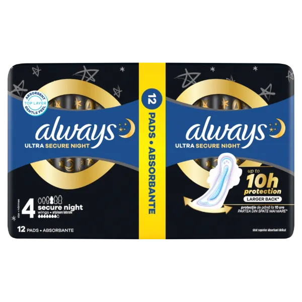 Always Ultra Secure Night Egészségügyi Betét (4-es Méret) Szárnyas Betét x 12] termékhez kapcsolódó kép