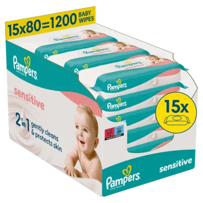 Pampers Sensitive Baby Nedves Törlőkendő, 15 Csomag x 80 Törlőkendő = 1200 db Baba Nedves Törlőkendő termékhez kapcsolódó kép