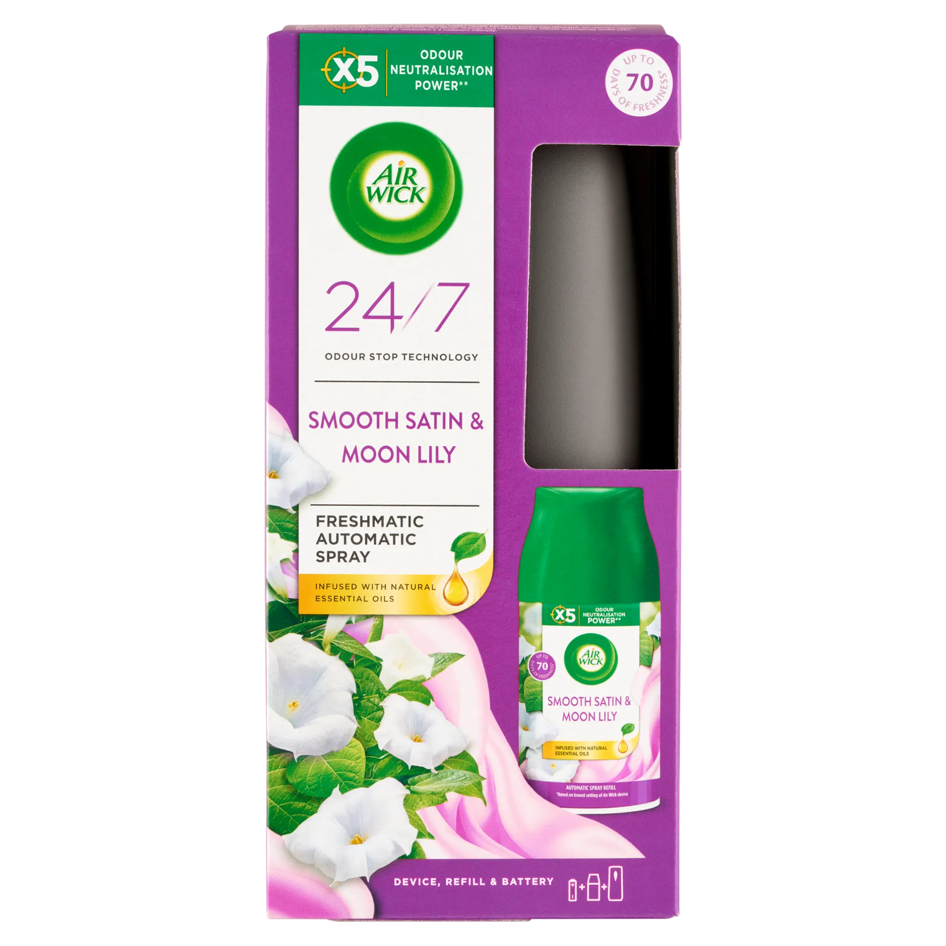 Air Wick Freshmatic Bársonyos Szatén és Éji Liliom automata légfrissítő készülék és utántöltő 250 ml