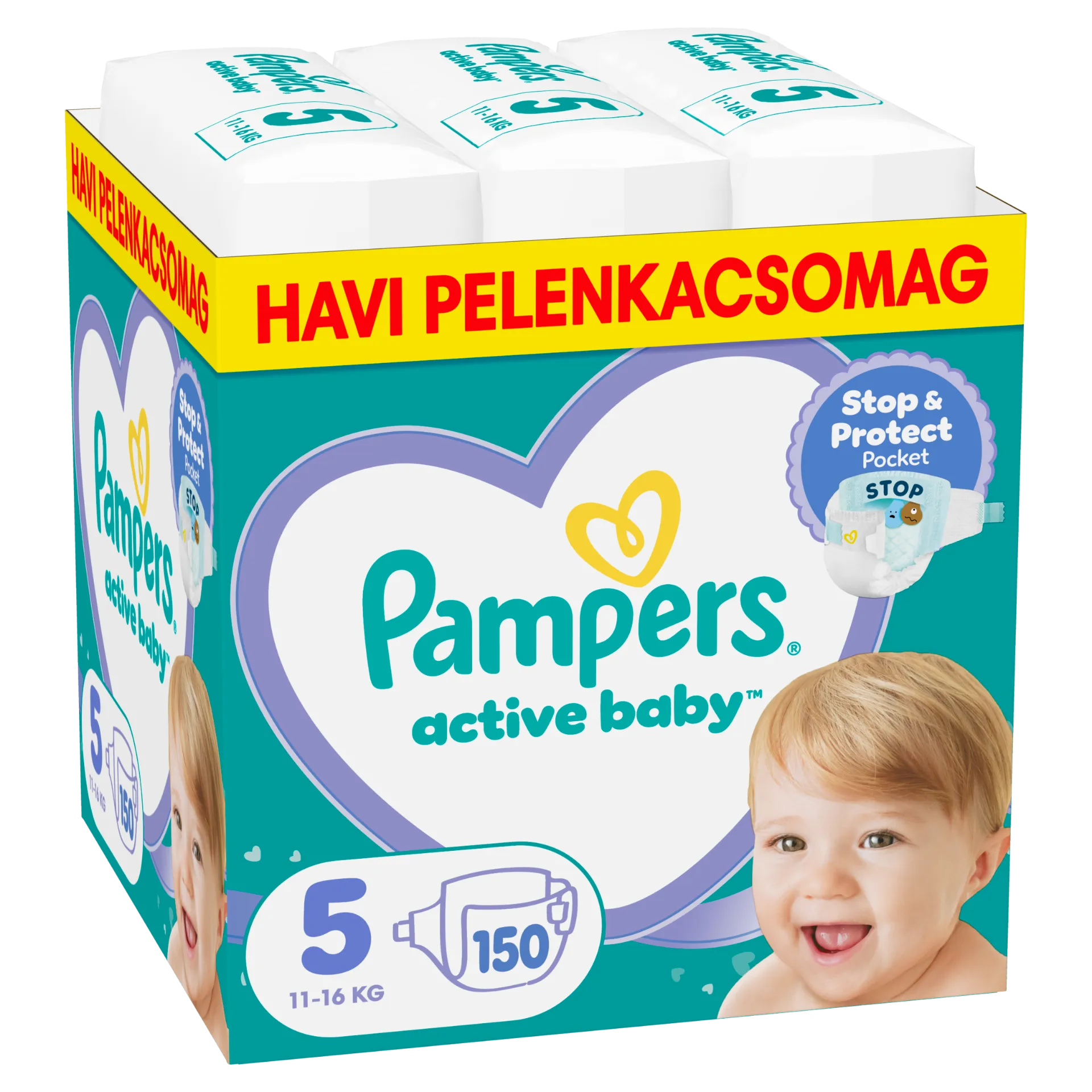Pampers Active Baby pelenka - havi pelenkacsomag, Méret: 5, 150 db Pelenka, 11kg-16kg