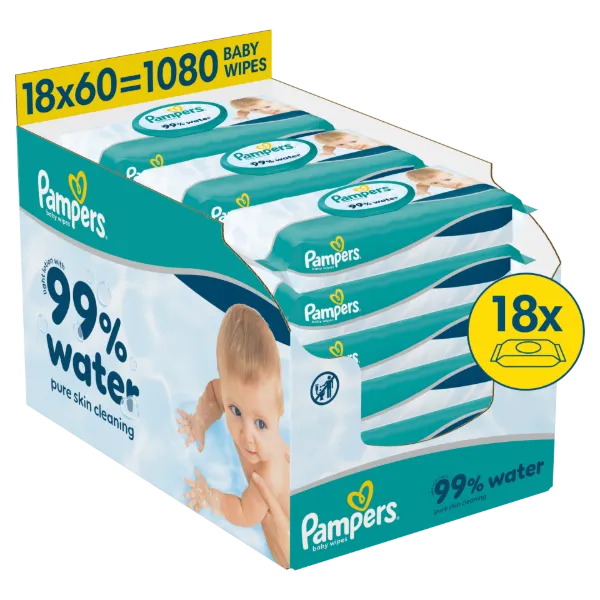 Pampers 99%-ban Vízalapú Baby Nedves Törlőkendő, 18 Csomag x 60 Törlőkendő db Baba Nedves Törlőkendő termékhez kapcsolódó kép