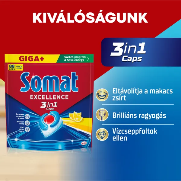 Somat Excellence Lemon Fresh gépi mosogatószer kapszula 88 db 1592,8 g termékhez kapcsolódó kép