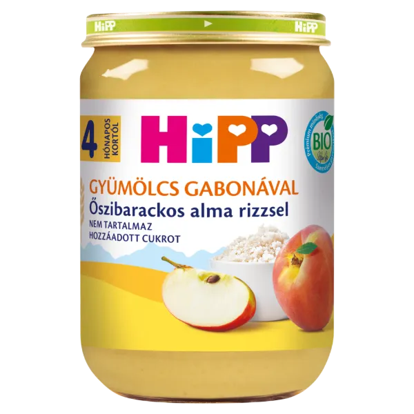 HiPP Gyümölcs Gabonával bio őszibarackos alma rizzsel bébidesszert 4 hónapos kortól 190 g termékhez kapcsolódó kép