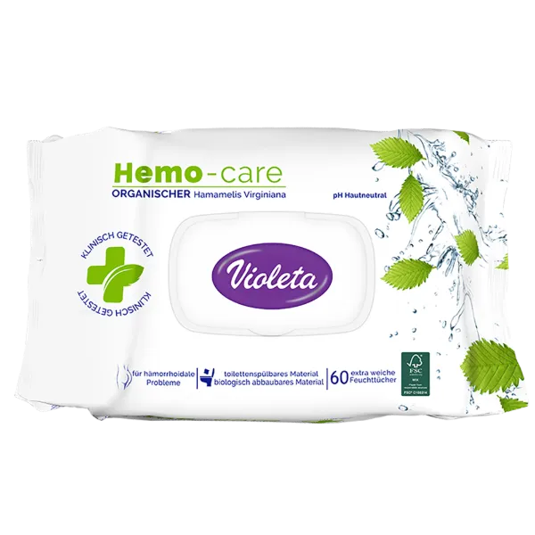 Violeta nedves toalettpapír 60db HemoCare, aranyeres tünetek kezelésének kiegészítésére termékhez kapcsolódó kép
