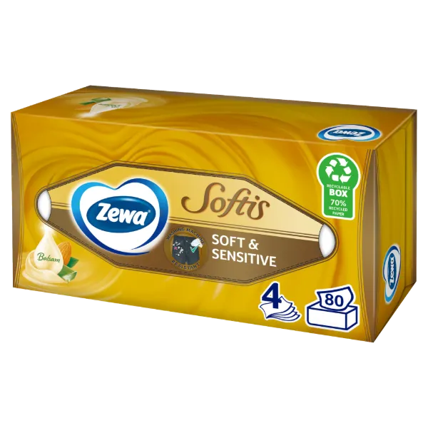 Zewa Softis 4 rétegű dobozos papír zsebkendő 80db Soft&Sensitive termékhez kapcsolódó kép