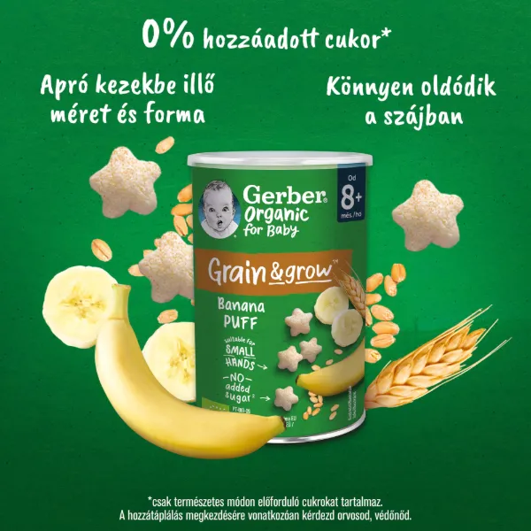 Gerber bio gabonasnack banán 8 hónapos kortól 35g termékhez kapcsolódó kép